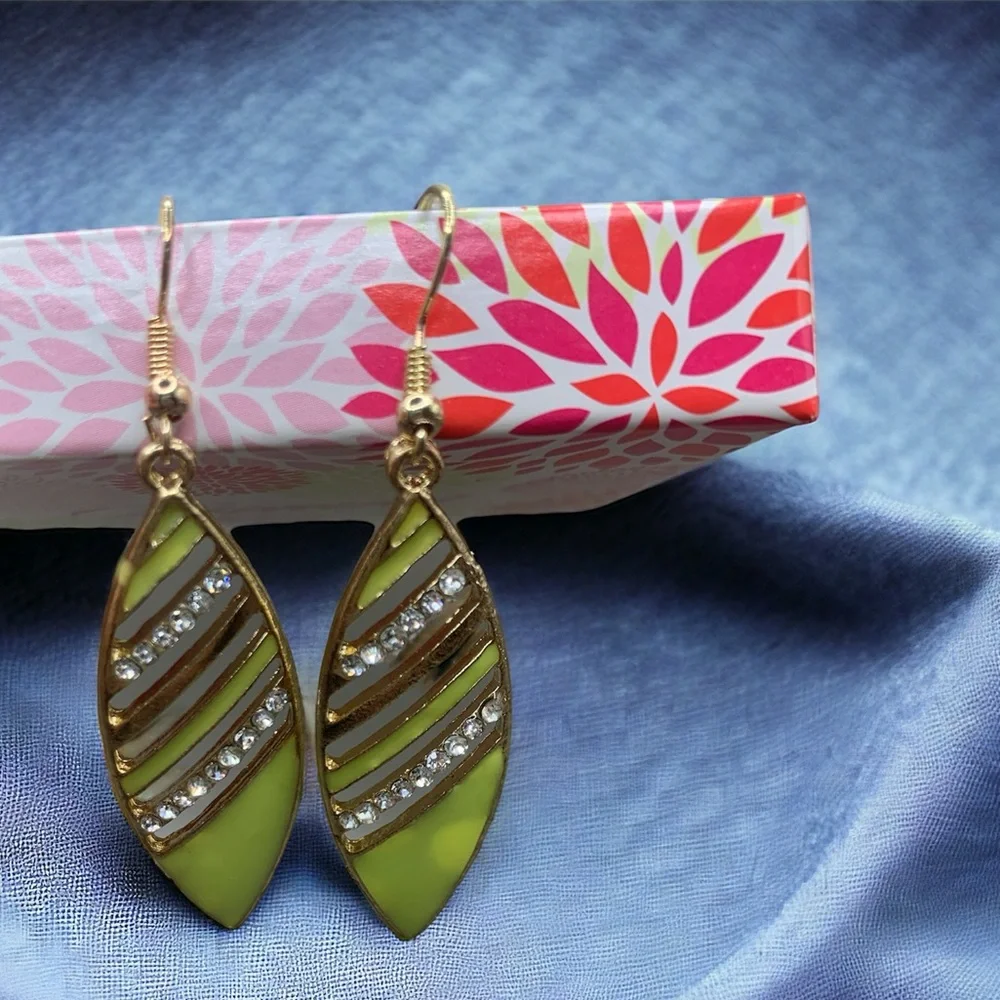 Gold Tone Lime‎ Green Rhinestone Enamel Leaf Shape Earrings 2 1/2” Long